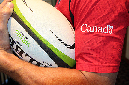 Close-up of the Rugby Canada jersey with the Canada wordmark appearing on the sleeve.