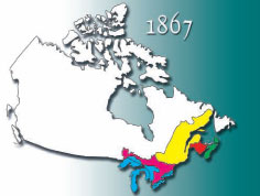 The historical boundaries of 1867 highlighted within a map of Canada.