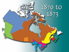 Les frontières historiques de 1870 à 1873 mises en évidence sur la carte du Canada.