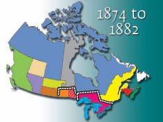 The historical boundaries of 1874 to 1882 highlighted within a map of Canada.