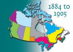 Les frontières historiques de1884 à 1905 mises en évidence sur la carte du Canada.
