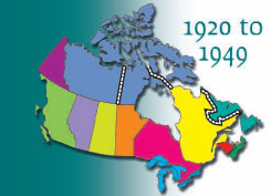 The historical boundaries of 1920 to 1949 highlighted within a map of Canada.