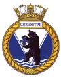Badge of the HMCS Chicoutimi. HMCS stands for Her Majesty's Canadian Ship.