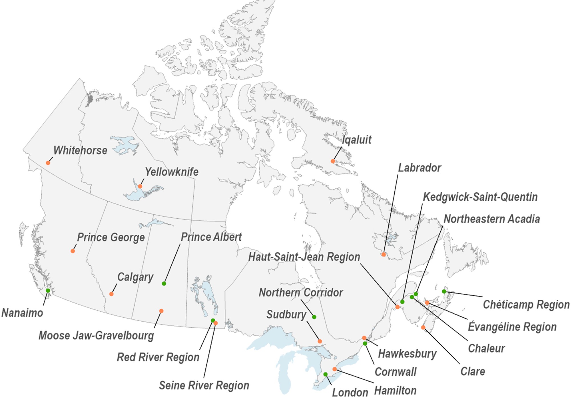 Map of Canada and 24 Welcoming Francophone Communities listed below by year which they were established
