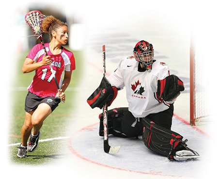 Woman playing lacrosse and goalkeeper in front of a hockey net.