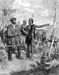 Deux jeunes Autochtones indiquent à Jacques Cartier le chemin vers le village de Stadacona, emplacement actuel de la ville de Québec.