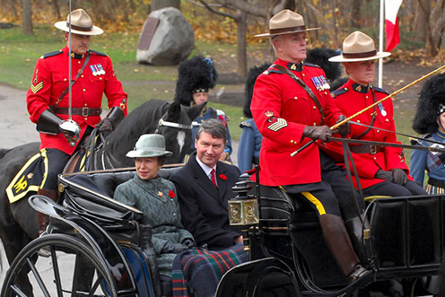 The Princess Royal and Vice Admiral Sir Tim Laurence arrive at Rideau Hall.