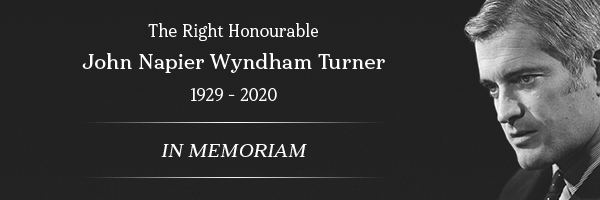 John Turner with text The Right Honourable John Napier Wyndham Turner, 1929 - 2020, In Memoriam