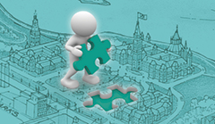 Graphic of a human icon holding a puzzle piece, overlayed on a sketch of Parliament Hill