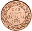 Canadian penny from 1908, featuring a wreath of maple leaves around its rim.