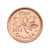 Canadian penny from 2012, featuring two maple leaves.