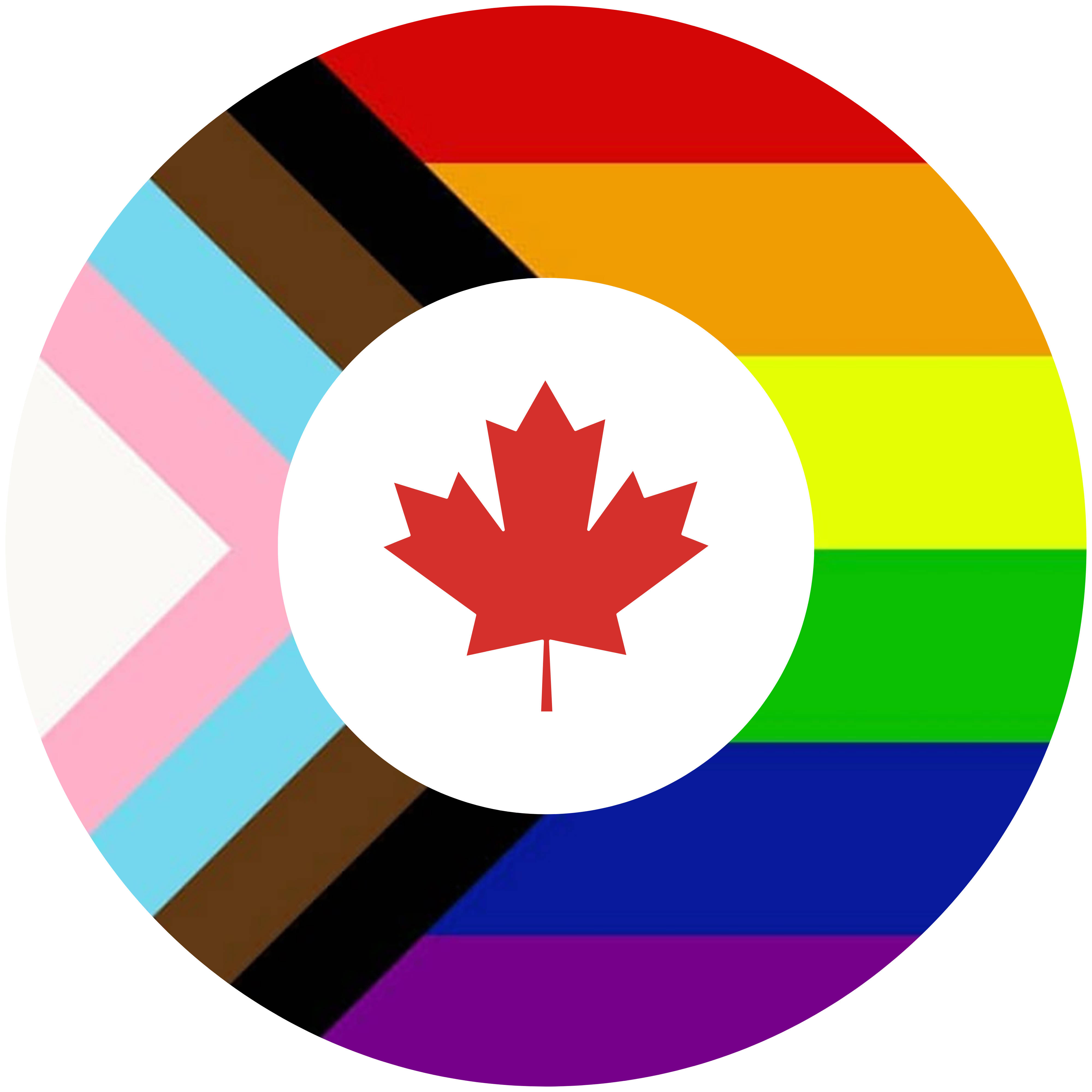 A circle with the Progress Pride flag in the background. In the middle of the larger circle is a red maple leaf
