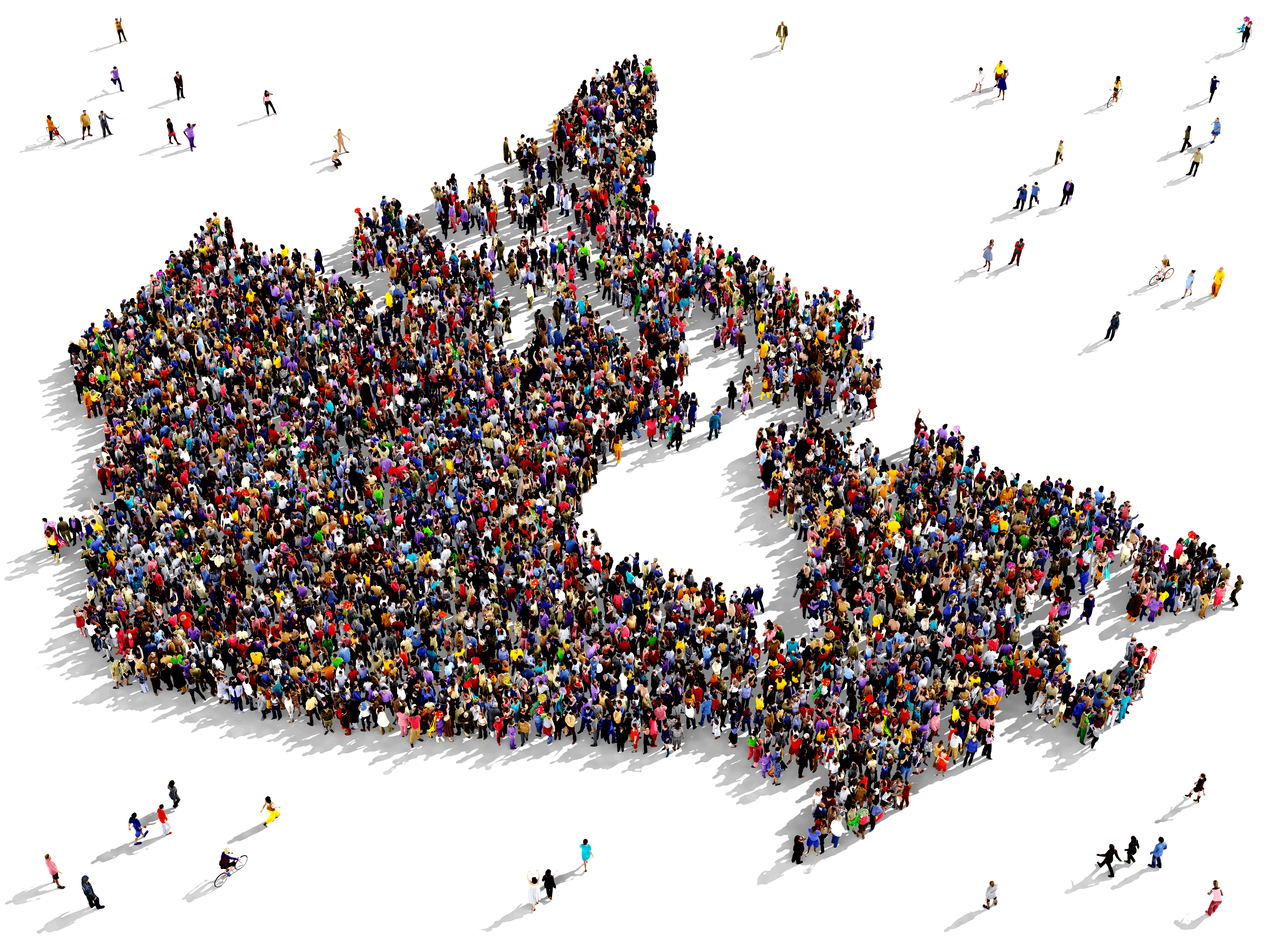 A large group of people standing together to form the map of Canada