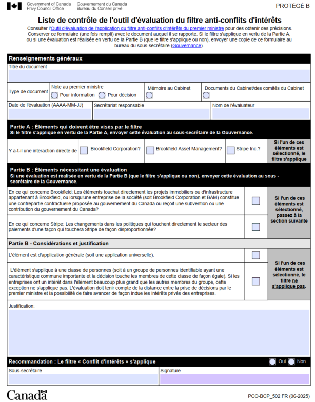 Liste de contrôle de l'outil d'évaluation du filtre anti-conflits d’intérêts