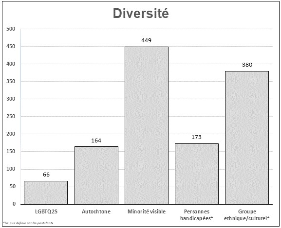 Ce graphique à colonne illustre la représentation en matière de diversité des candidatures reçues pour pouvoir les sièges vacants de l'Ontario.
