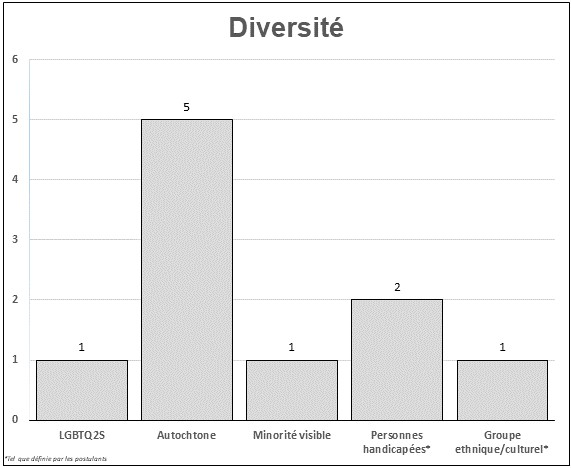 Ce graphique à colonne illustre la représentation en matière de diversité des candidatures reçues pour pouvoir les sièges vacants du Yukon.