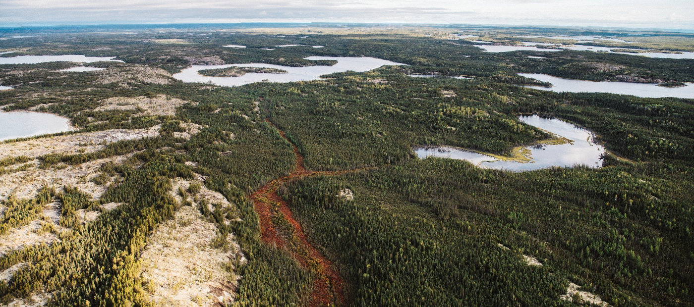 Aerial view of a forest with lakes and rivers, in the Slave Geological Province/North Slave Region