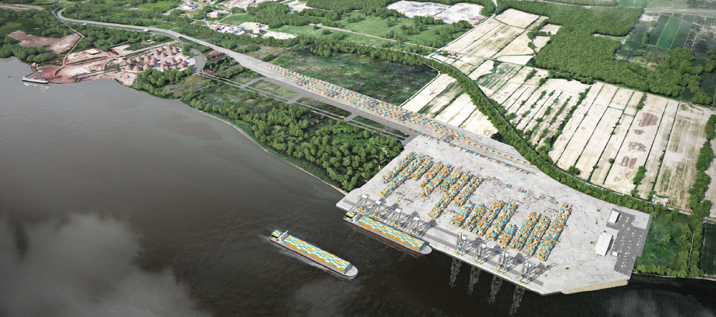 Arial view of the Port of Montreal's expansion project in Contrecœur