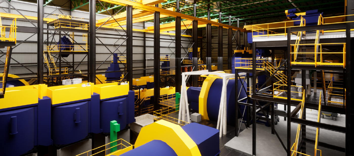 A large room with blue and yellow machines