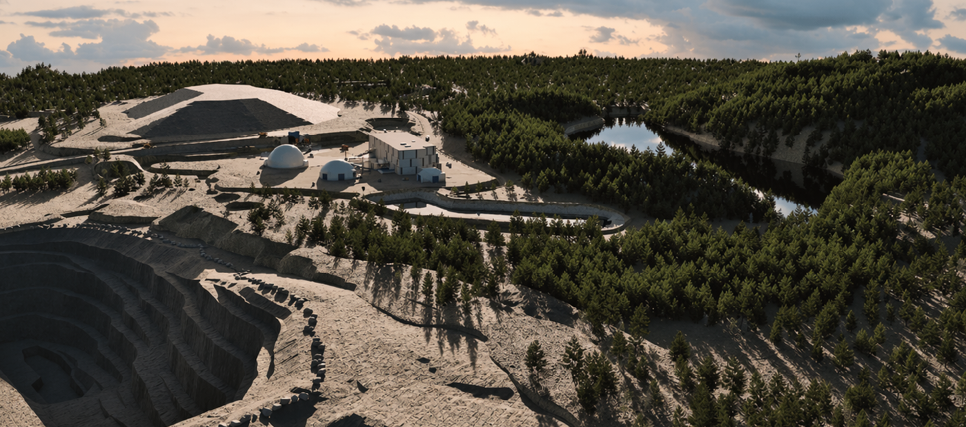 A computer generated model of the buildings for the project, set at the mine location