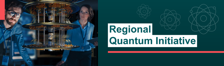 Image banner of the Regional Quantum Initiative program showing three scientists looking in awe at a piece of technology. 