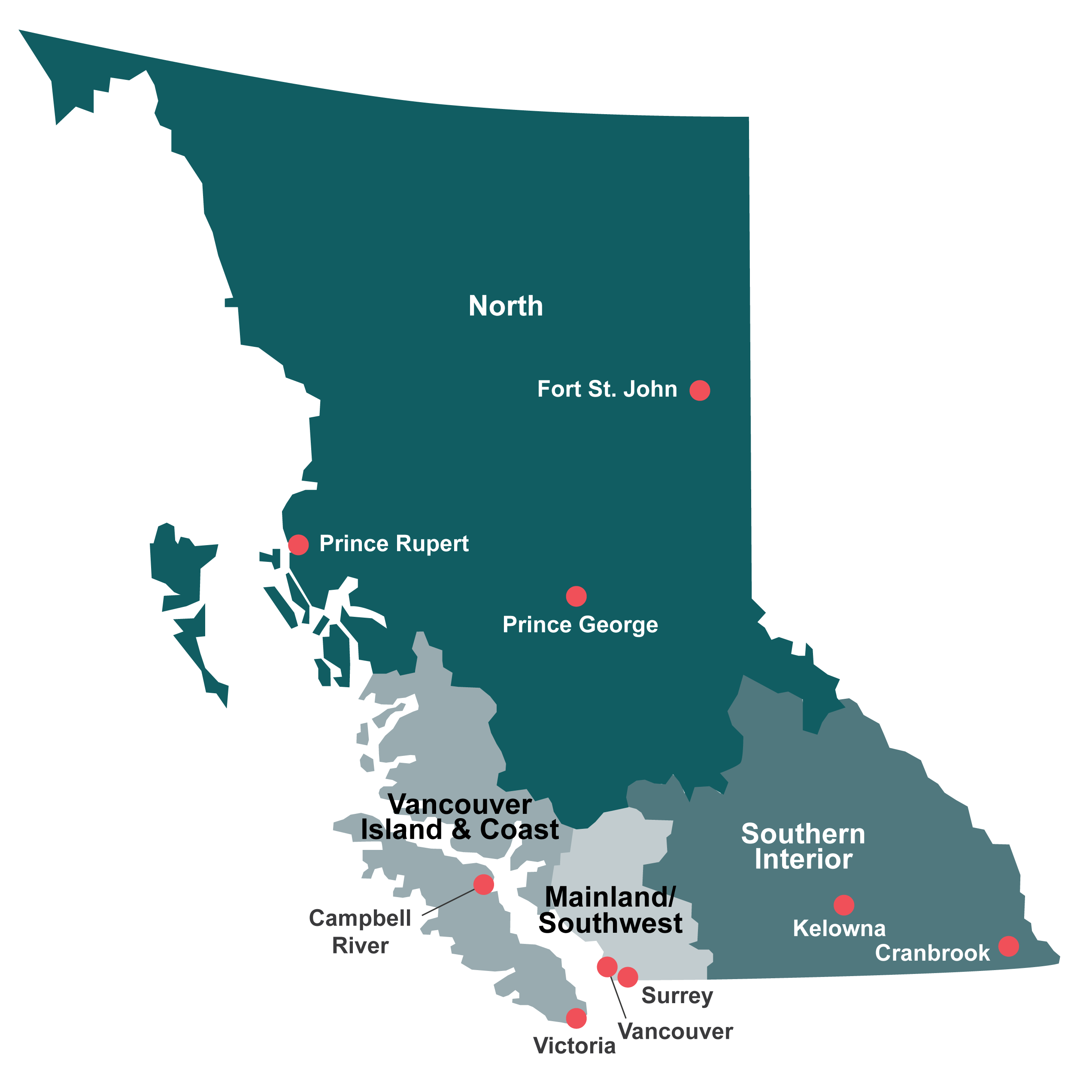 Carte des régions et des bureaux de PacifiCan