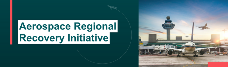 Banner image of Aerospace Regional Recovery Initiative featuring an airplane parked in the runway and another flying plane in the horizon.