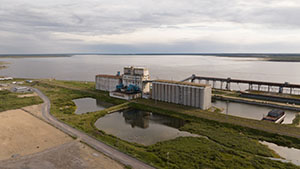 Overhead view of Port of Churchill including roads and rail tracks.