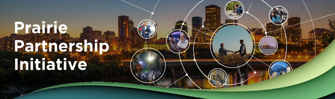 Collage of diverse activities in circular frames over the City of Edmonton’s skyline at night, with a central circle showing two people shaking hands in a field. Themes of connection and collaboration.