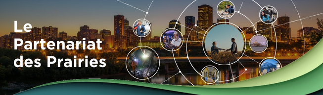 Un collage d’activités variées dans des cadres circulaires et la ville d’Edmonton pendant la nuit dans l’horizon, avec un cercle central montrant deux personnes se serrant la main dans un champ. Sous les thèmes des liens et de la collaboration.