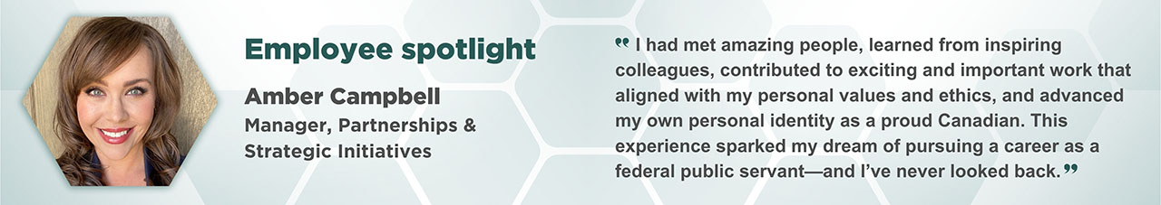 A portrait of Amber Campbell in a hexagonal frame, with text: Employee Spotlight. Amber Campbell. Manager, Partnerships & Strategic Initiatives. “I had met amazing people, learned from inspiring colleagues, contributed to exciting and important work that aligned with my values and ethics, and advanced my own personal identity as a proud Canadian. This experience sparked my dream of pursuing a career as a federal public servant—and I’ve never looked back.”