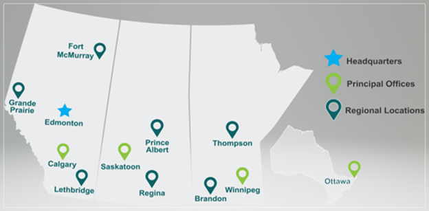 Map of Prairies Economic Development Canada service locations. Text version below: