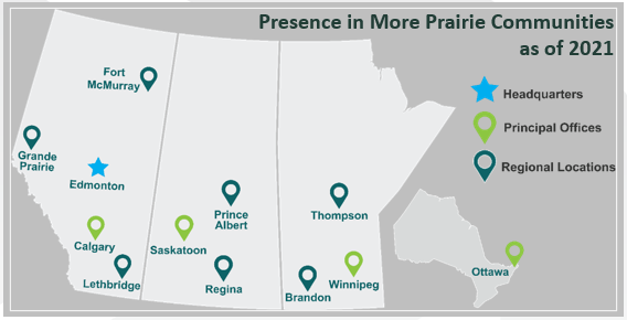 Map of the Prairie region, showing all PrairiesCan service locations