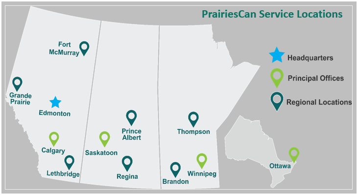 Map of the Prairie region, showing all PrairiesCan service locations