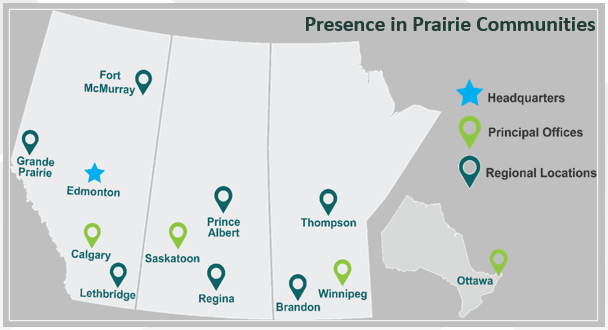 Map of the Prairie region, showing all PrairiesCan service locations