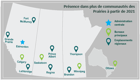 Carte géographique de la région des Prairies, montrant tous les points de service de PrairiesCan