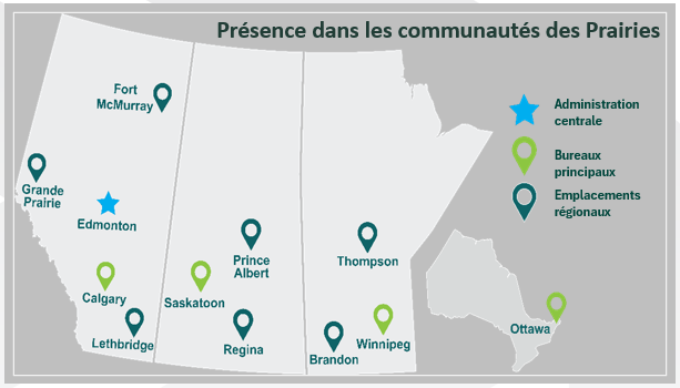 Carte géographique de la région des Prairies, montrant tous les points de service de PrairiesCan