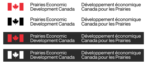 Quatre exemples de signatures en anglais conformes au PFIM : - drapeau canadien rouge avec la mention « Développement économique Canada pour les Prairies » en caractères noirs, sur fond blanc; - drapeau canadien noir et texte en noir sur fond blanc; - drapeau canadien rouge et texte en blanc sur fond noir; - drapeau canadien blanc et texte en blanc sur fond noir