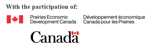 The second example reads: “With the participation of:”, with the FIP beneath. The FIP consists of the PrairiesCan signature above the Canada Wordmark, with the left of the signature letters aligning with the left of wordmark. The lower case letters of the wordmark are the same height as the PrairiesCan signature. (Option 2 FIP layout above).