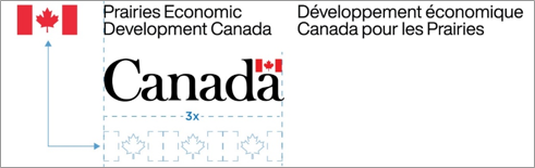 The PrairiesCan signature is above the Canada Wordmark, with the left of the signature letters aligning with the left of wordmark. The lower case letters of the wordmark are the same height as the PrairiesCan signature.