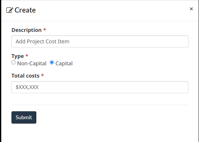 Screenshot - Create new cost item