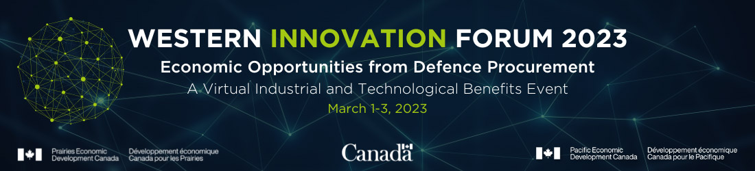 Western Innovation Forum 2023 banner; Economic Opportunities from Defence Procurement; A Virtual Industrial and Technological Benefits Event; March 1-3, 2023