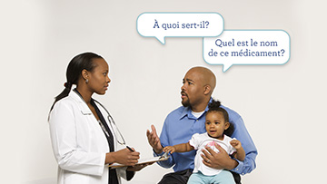 L'image montre un père avec sa fille consultant une prestatrice de soins de santé. Les questions du père pour la prestatrice de soins de santé sont présentées sous forme bulle de mot:

Comment s'appelle le médicament?

C'est pour quoi?