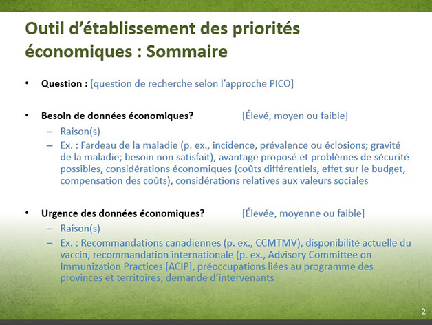 Diapositive 3-2. Outil d'établissement des priorités économiques : Sommaire. Équivalent textuel ci-dessous.