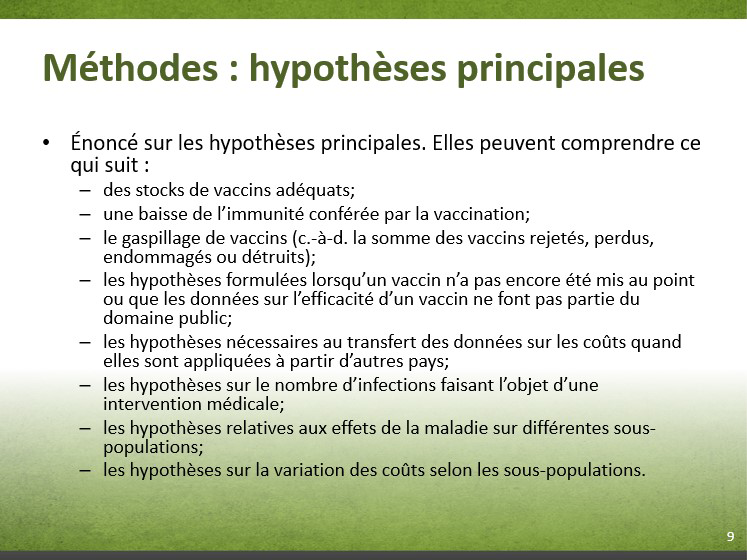 Diapositive 7-9. Méthodes : hypothèses principales. Équivalent textuel ci-dessous.
