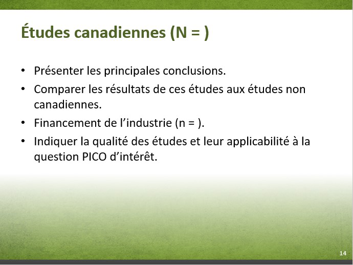 Diapositive 8-14. Études canadiennes (N = ). Équivalent textuel ci-dessous.