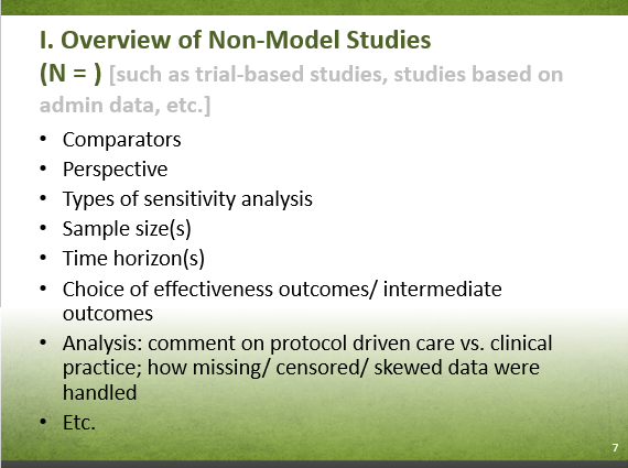 Slide 8-7. I. Overview of Non-Model Studies (N =) [such as trial-based studies, studies based on admin data, etc.]. Text description follows.