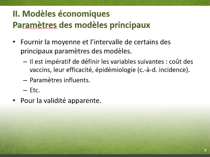 Diapositive 8-9. II. Modèles économiques Paramètres des modèles principaux. Équivalent textuel ci-dessous.