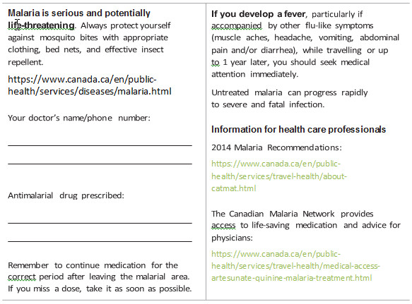 Malaria card. Text equivalent follows.