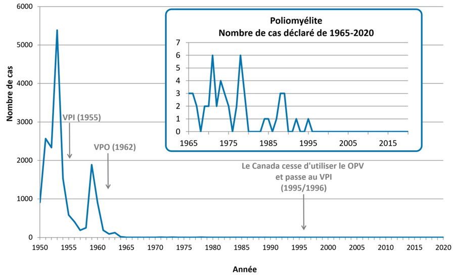 Figure 1 : Nombre de cas déclarés de poliomyélite paralytique, Canada, 1950 à 2020